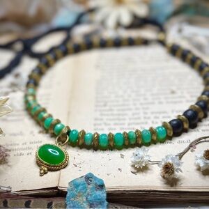 Artisan Silk Strung Chrysoprase 24k Gold Plated Jade Pendant Adjustable Choker